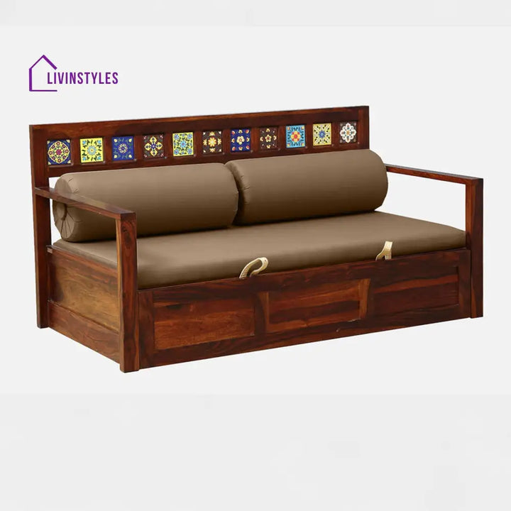 Siramika Sheesham Wood Pull Out Sofa Cum Bed In Honey Oak Finish