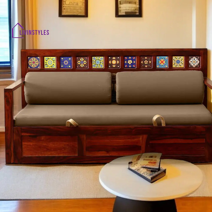 Siramika Sheesham Wood Pull Out Sofa Cum Bed In Honey Oak Finish