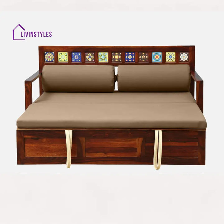 Siramika Sheesham Wood Pull Out Sofa Cum Bed In Honey Oak Finish