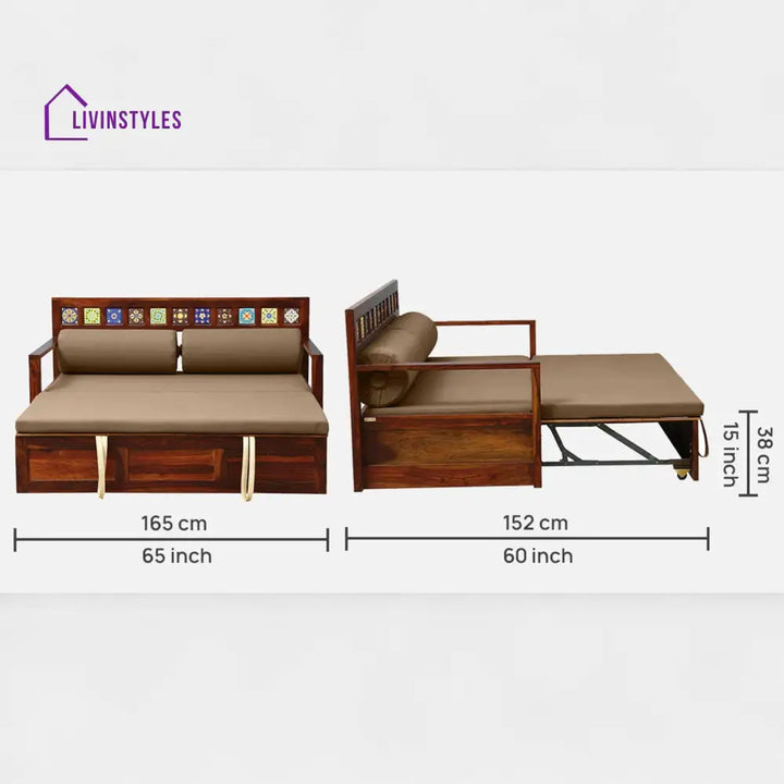 Siramika Sheesham Wood Pull Out Sofa Cum Bed In Honey Oak Finish