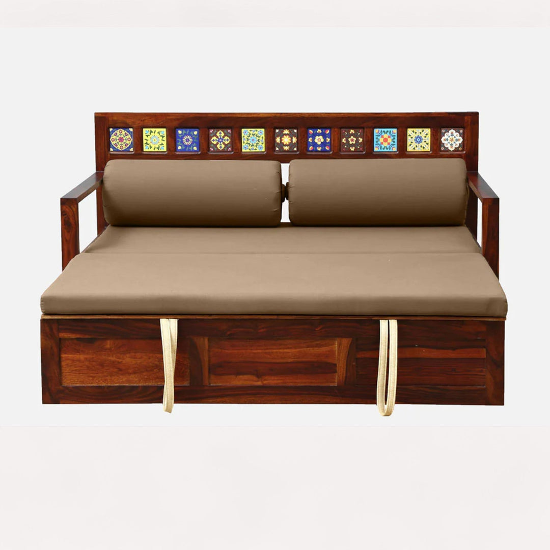 Siramika Sheesham Wood Pull Out Sofa Cum Bed In Honey Oak Finish
