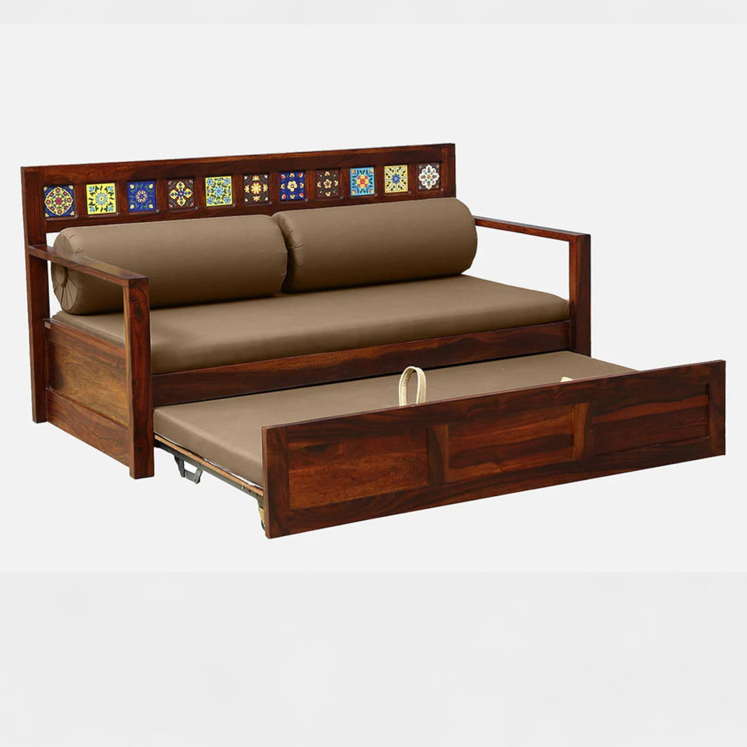 Siramika Sheesham Wood Pull Out Sofa Cum Bed In Honey Oak Finish