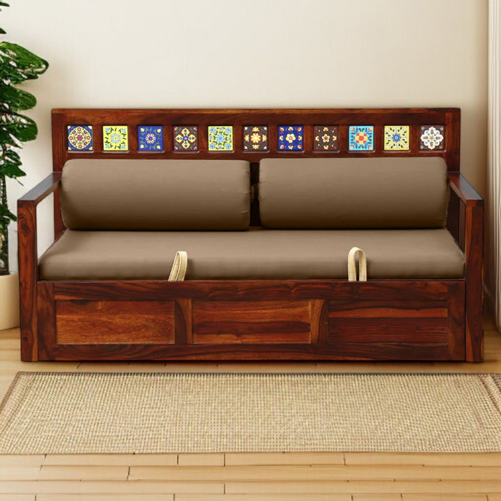 Siramika Sheesham Wood Pull Out Sofa Cum Bed In Honey Oak Finish