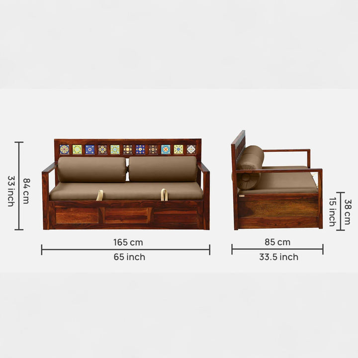 Siramika Sheesham Wood Pull Out Sofa Cum Bed In Honey Oak Finish