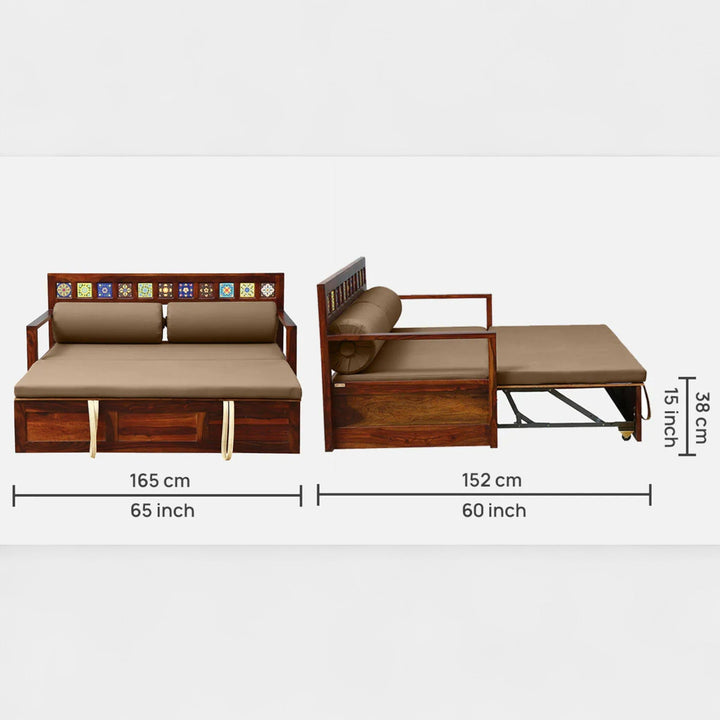 Siramika Sheesham Wood Pull Out Sofa Cum Bed In Honey Oak Finish