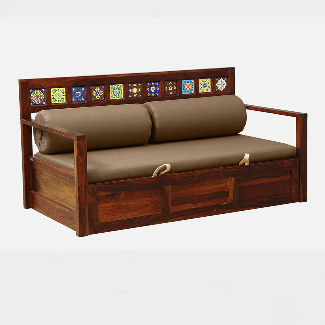 Siramika Sheesham Wood Pull Out Sofa Cum Bed In Honey Oak Finish