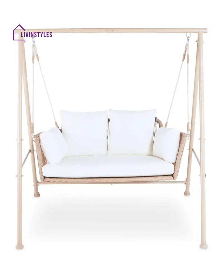 Sirena Double Seater Hanging Swing With Stand For Balcony Garden Swing (White +Tan) - Swings