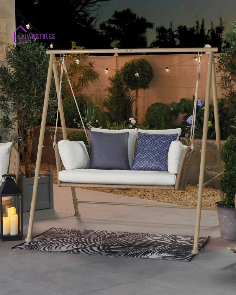 Sirena Double Seater Hanging Swing With Stand For Balcony Garden Swing (White +Tan) - Swings