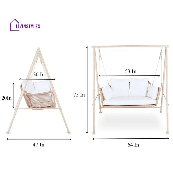 Sirena Double Seater Hanging Swing With Stand For Balcony Garden Swing (White +Tan) - Swings