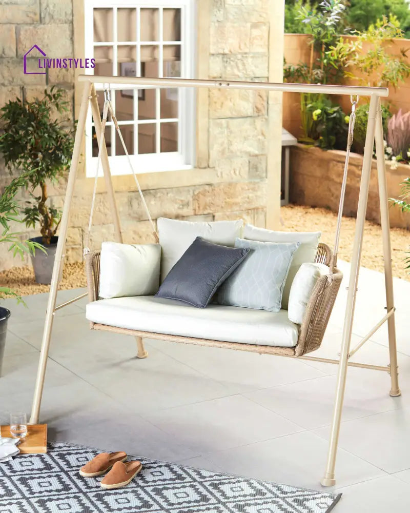 Sirena Double Seater Hanging Swing With Stand For Balcony Garden Swing (White +Tan) - Swings
