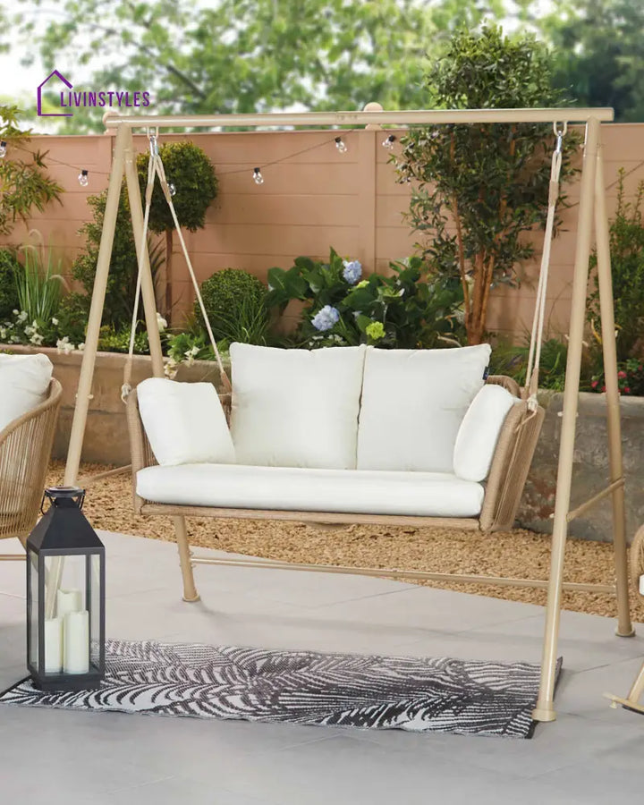 Sirena Double Seater Hanging Swing With Stand For Balcony Garden Swing (White +Tan) - Swings