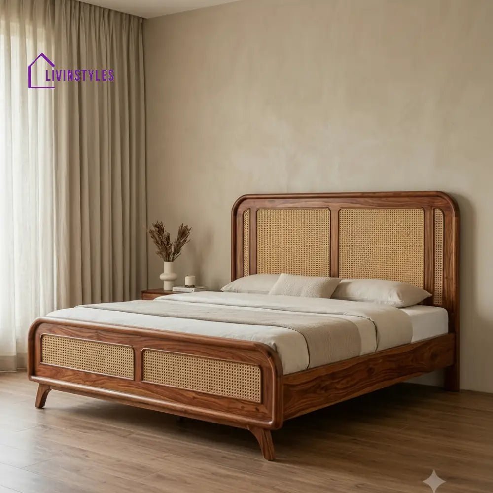 Siva Kumar Wooden Bed with Cane Weaving Headboard Design | Bed without Storage