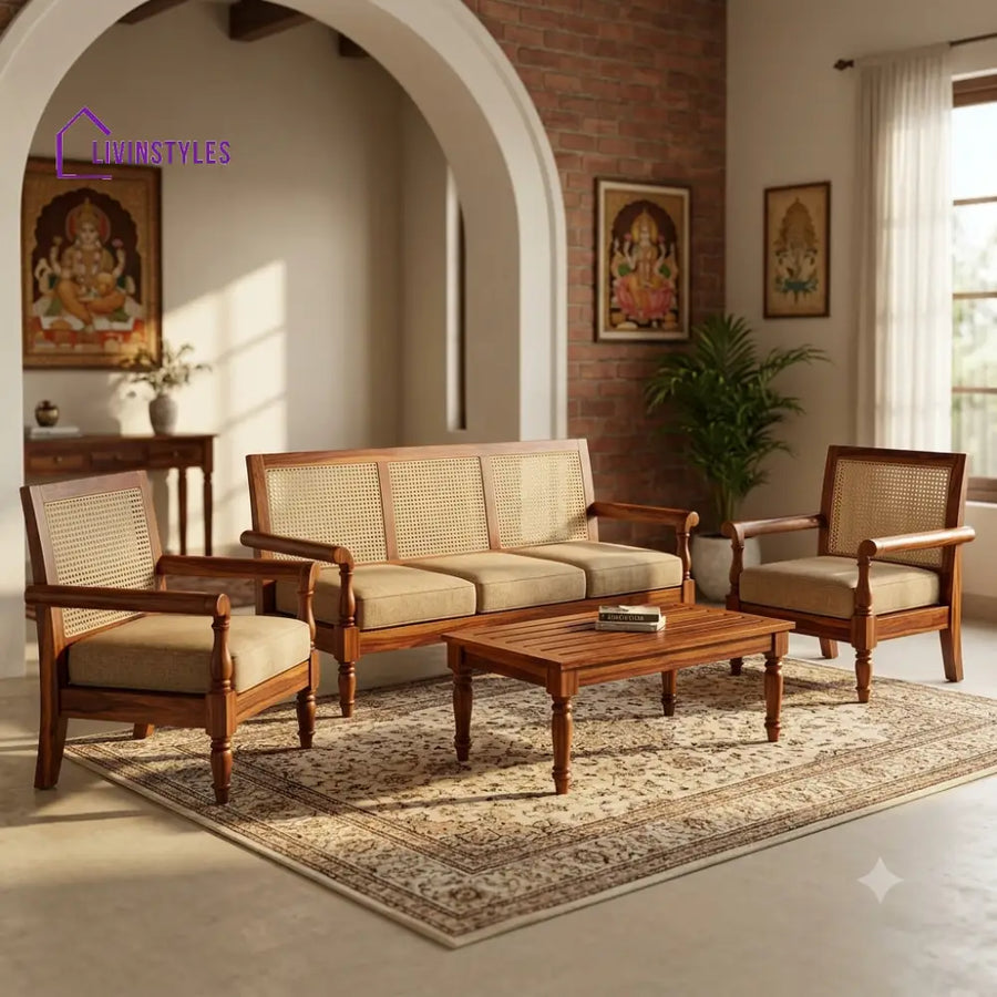 Sivani Wooden Sofa Set | 3 + 1 + 1 Sheesham Wood Sofa Set for Living Room