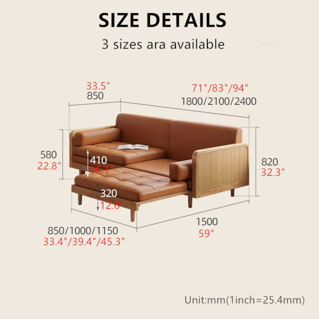 Leathaire Sofa Bed With Rattan Weaving Wooden Frame