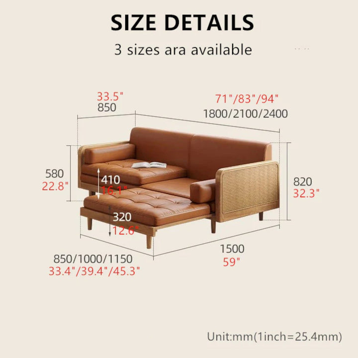 Leathaire Sofa Bed With Rattan Weaving Wooden Frame