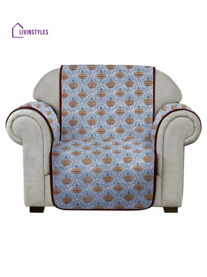 Sky Blue Quilted Floral 1 Seater Cotton Sofa Cover
