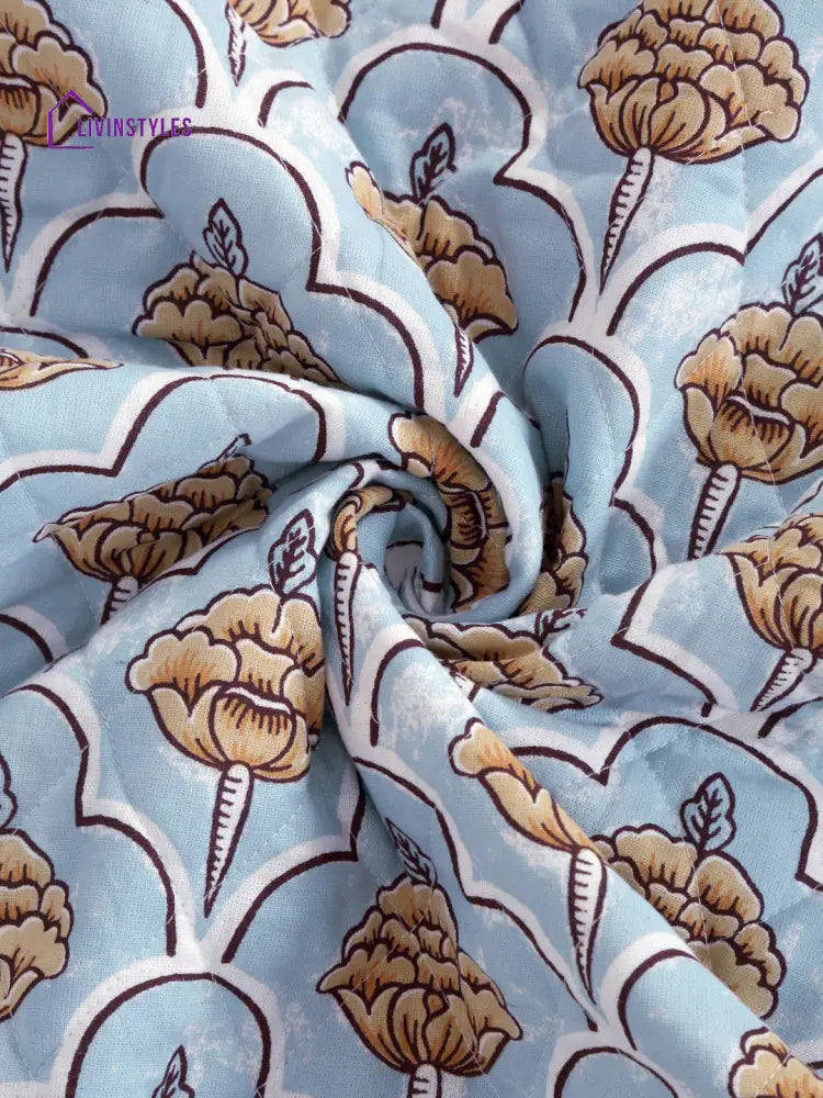 Sky Blue Quilted Floral 1 Seater Cotton Sofa Cover