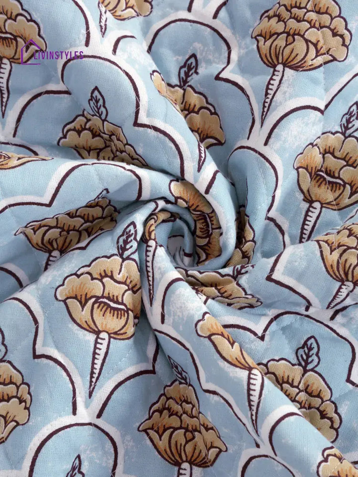 Sky Blue Quilted Floral 1 Seater Cotton Sofa Cover