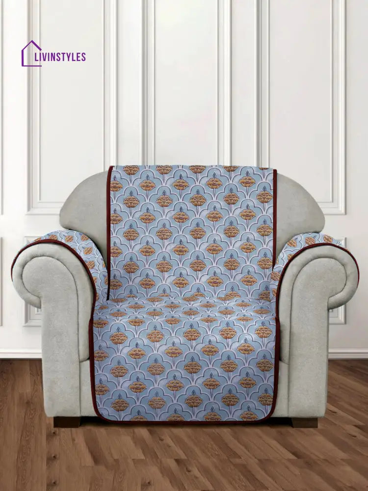 Sky Blue Quilted Floral 1 Seater Cotton Sofa Cover