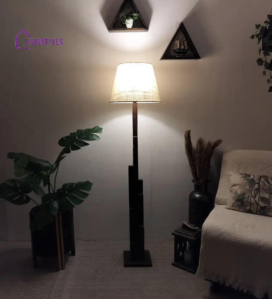 Skyline Wooden Floor Lamp With Brown Base And Beige Fabric Lampshade Lamps