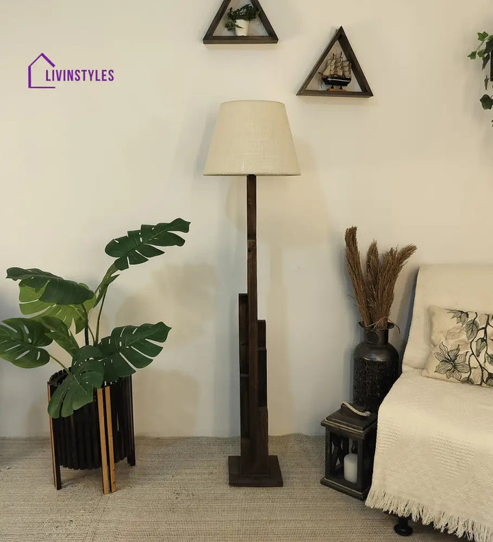 Skyline Wooden Floor Lamp With Brown Base And Beige Fabric Lampshade Lamps