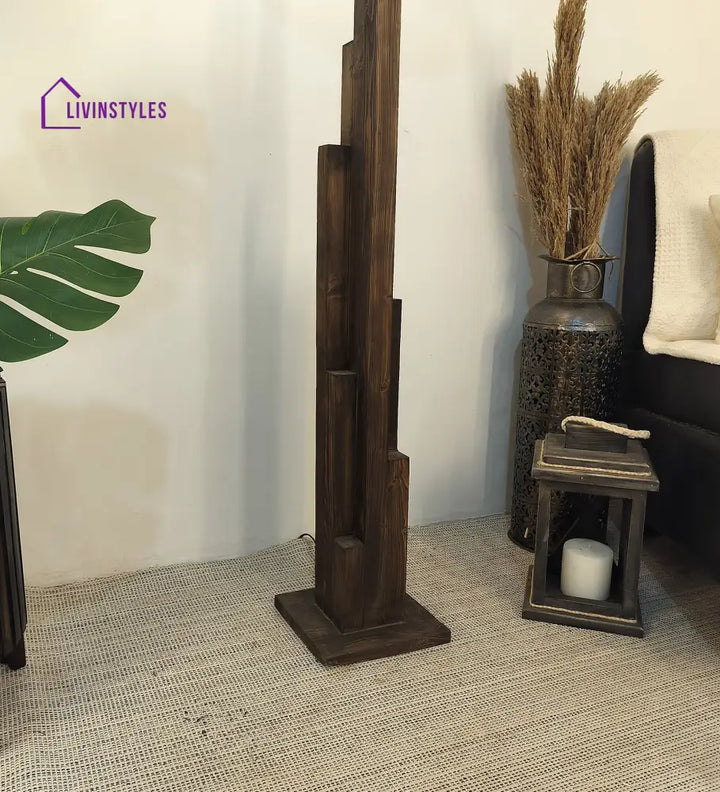 Skyline Wooden Floor Lamp With Brown Base And Beige Fabric Lampshade Lamps