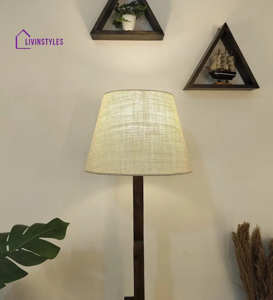 Skyline Wooden Floor Lamp With Brown Base And Beige Fabric Lampshade Lamps