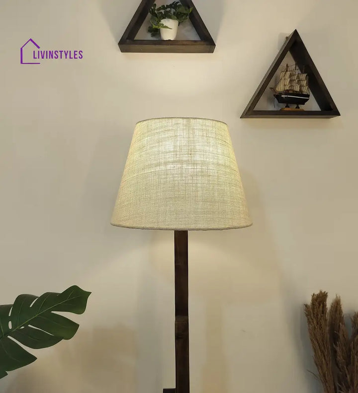 Skyline Wooden Floor Lamp With Brown Base And Beige Fabric Lampshade Lamps