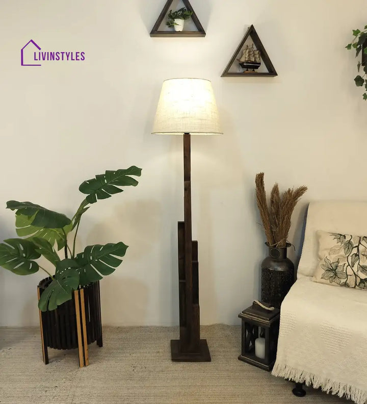 Skyline Wooden Floor Lamp With Brown Base And Beige Fabric Lampshade Lamps