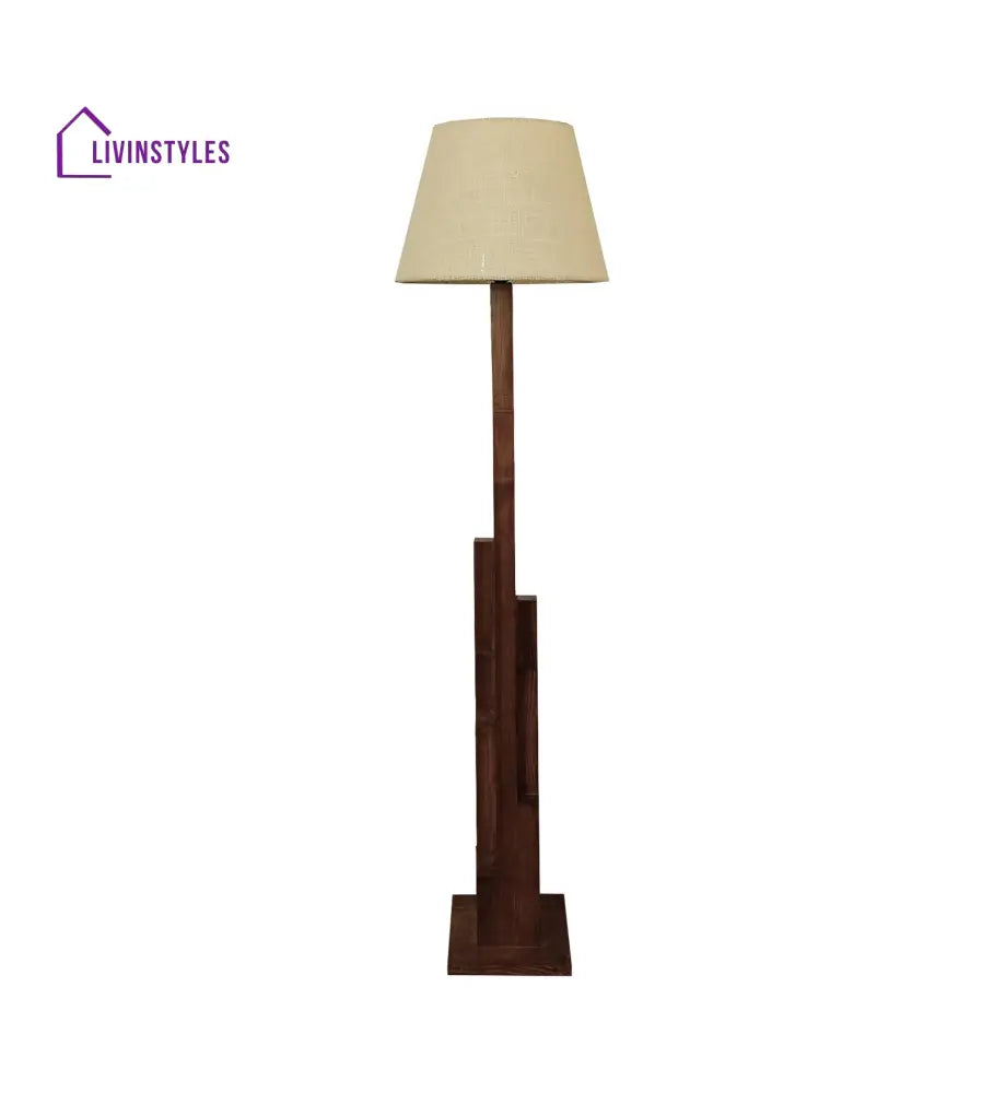 Skyline Wooden Floor Lamp With Brown Base And Beige Fabric Lampshade Lamps