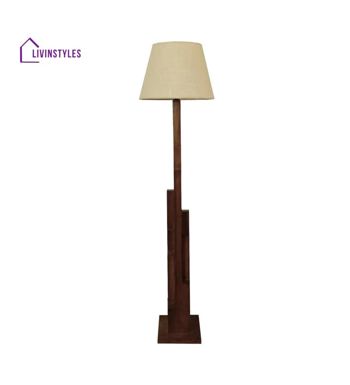 Skyline Wooden Floor Lamp With Brown Base And Beige Fabric Lampshade Lamps