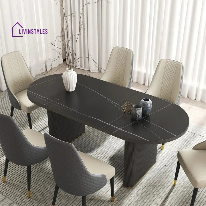 Slava Wooden and Marble Top Dining Table Set - 6 Seater