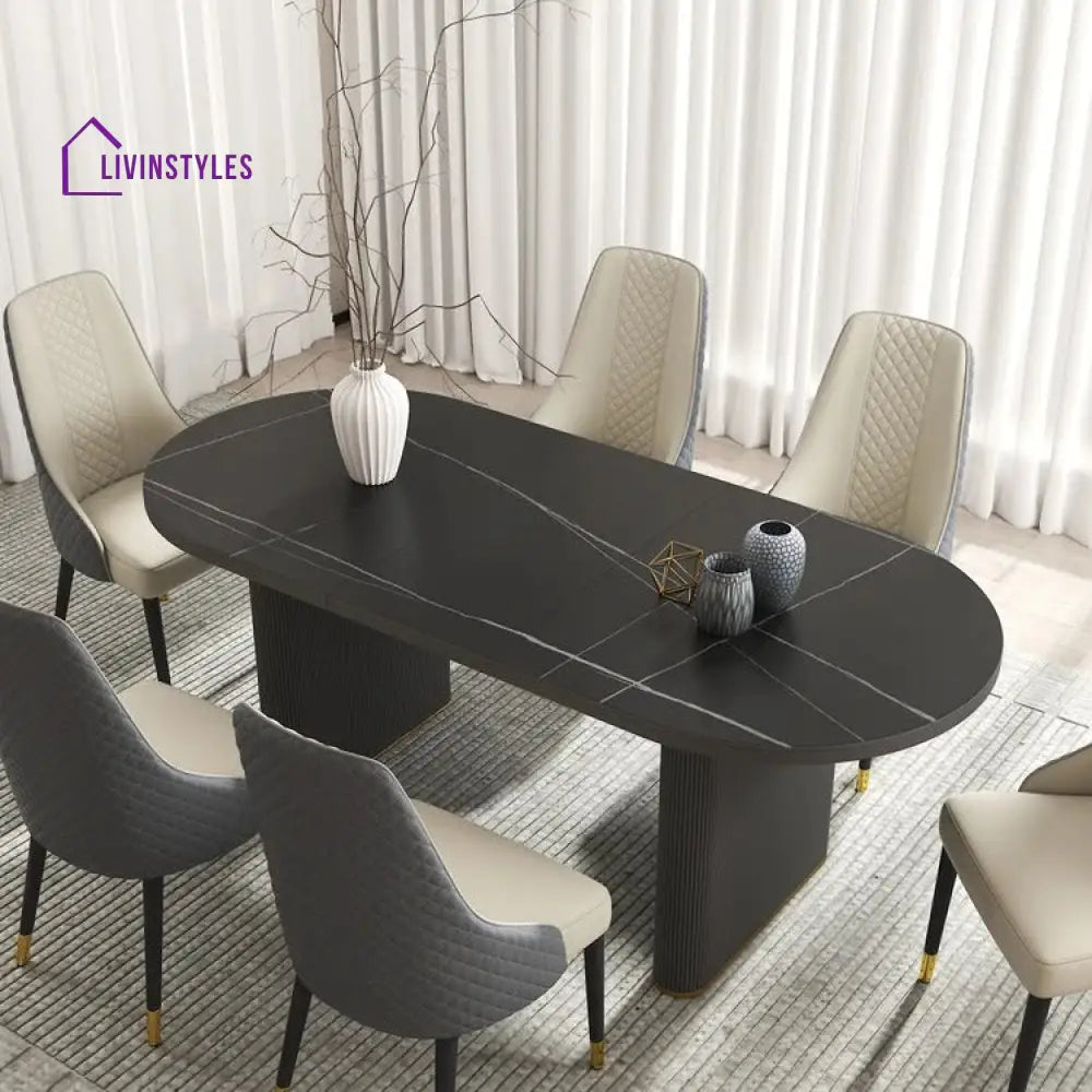 Slava Wooden and Marble Top Dining Table Set - 6 Seater