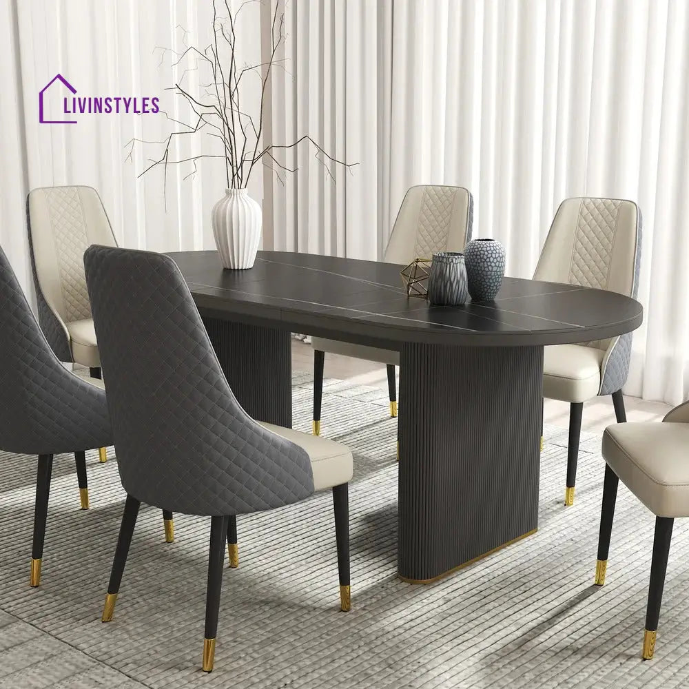 Slava Wooden and Marble Top Dining Table Set - 6 Seater