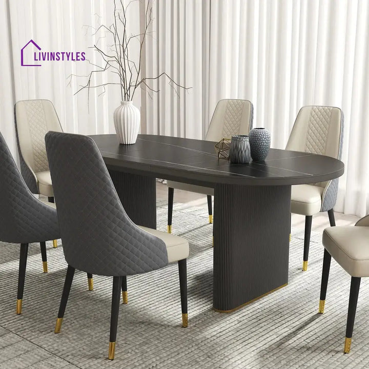 Slava Wooden and Marble Top Dining Table Set - 6 Seater