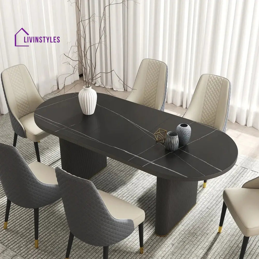 Slava Wooden and Marble Top Dining Table Set - 6 Seater