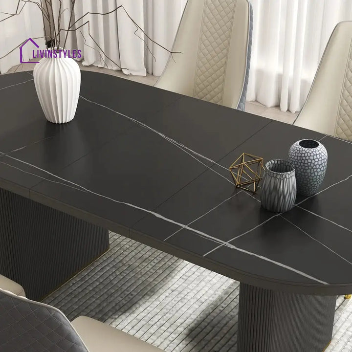 Slava Wooden and Marble Top Dining Table Set - 6 Seater