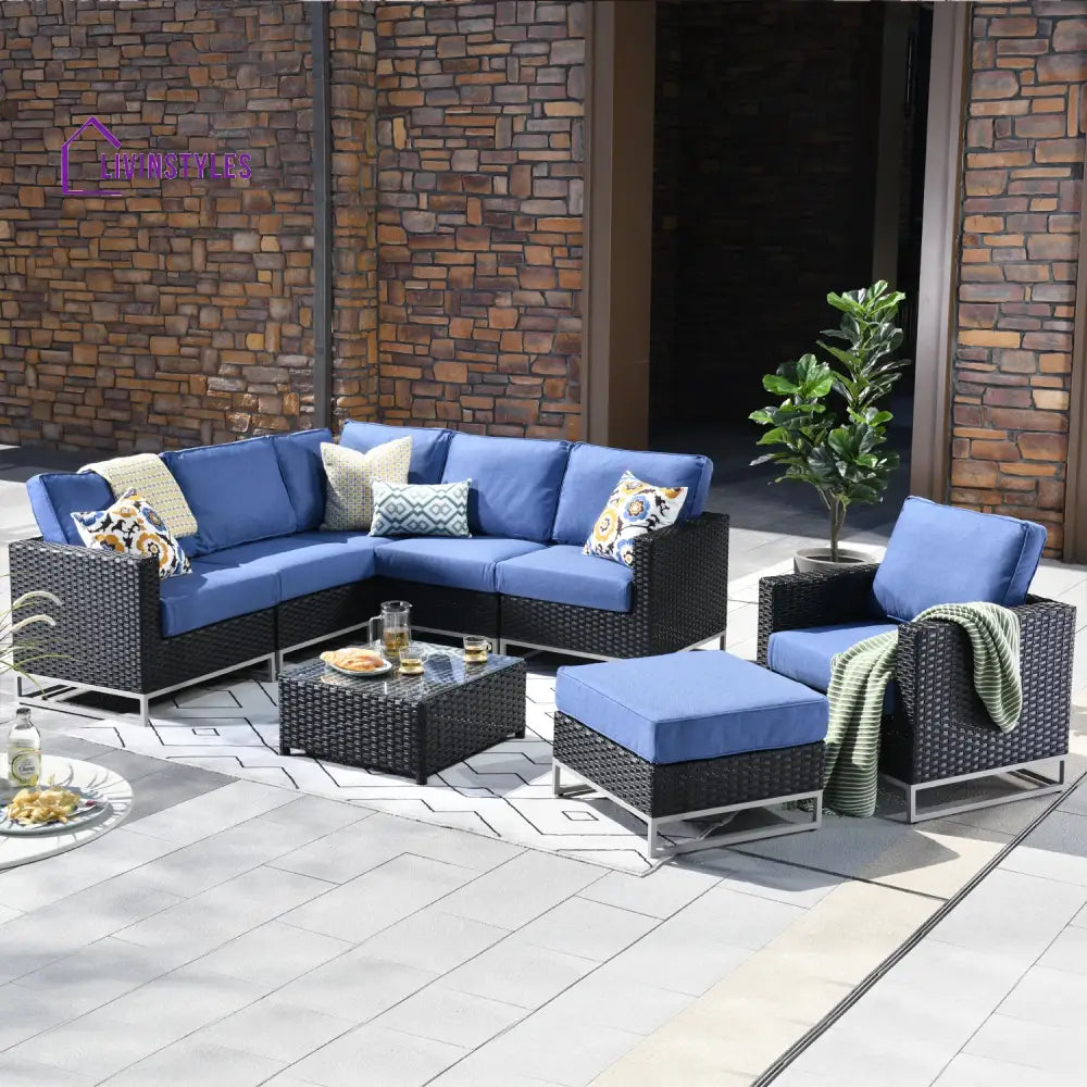 Slue Outdoor Sofa Set 5 Seater Single seater With Ottoman and 1 Center Table Set (Black) - Blue - Sofa Sets