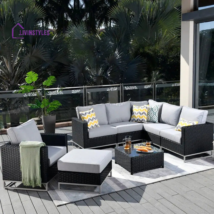 Slue Outdoor Sofa Set 5 Seater Single seater With Ottoman and 1 Center Table Set (Black) - Light Grey - Sofa Sets