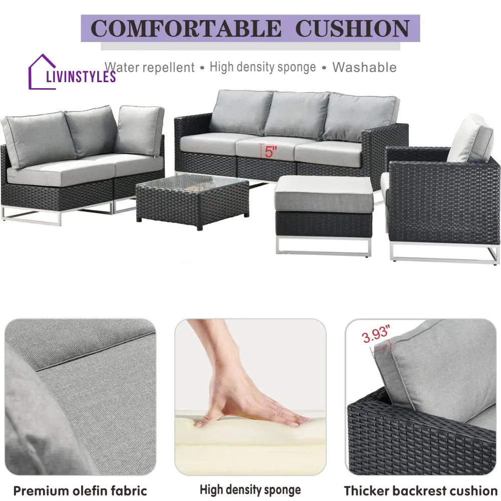 Slue Outdoor Sofa Set 5 Seater Single seater With Ottoman and 1 Center Table Set (Black) - Sofa Sets