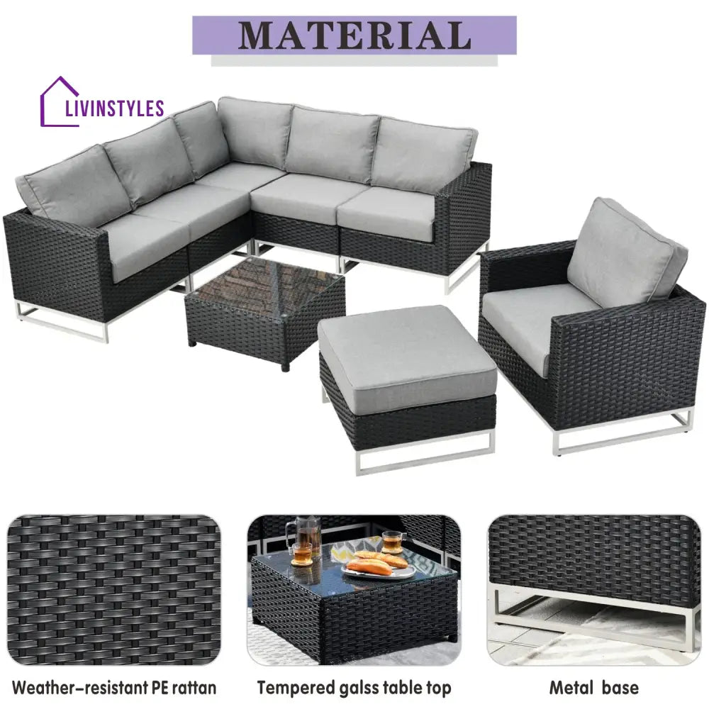 Slue Outdoor Sofa Set 5 Seater Single seater With Ottoman and 1 Center Table Set (Black) - Sofa Sets