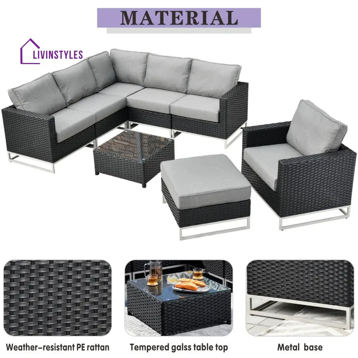 Slue Outdoor Sofa Set 5 Seater Single seater With Ottoman and 1 Center Table Set (Black) - Sofa Sets