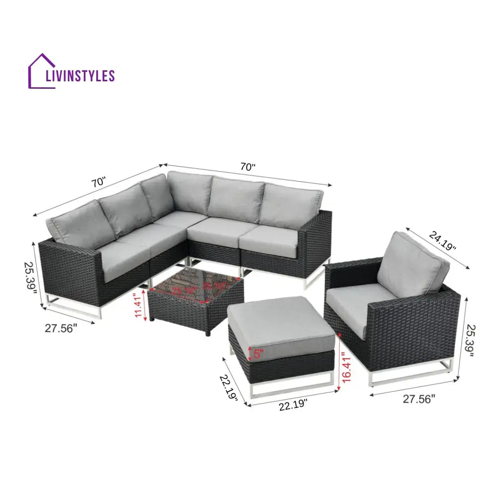 Slue Outdoor Sofa Set 5 Seater Single seater With Ottoman and 1 Center Table Set (Black) - Sofa Sets