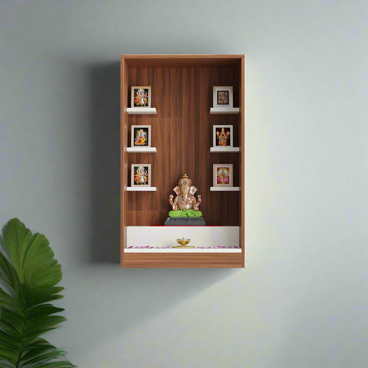 Anika Wall Mounted Home Temple for Living Room  Exotic Teak & White Finish