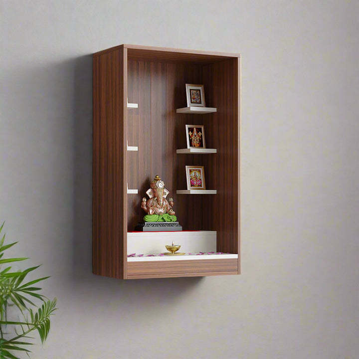 Anika Wall Mounted Home Temple for Living Room  Exotic Teak & White Finish