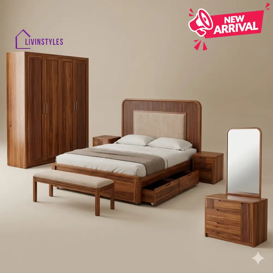 Sneha Solid Sheesham Wood Bedroom Set with Bed Bedside Tables Bench Wardrobe & Dresser