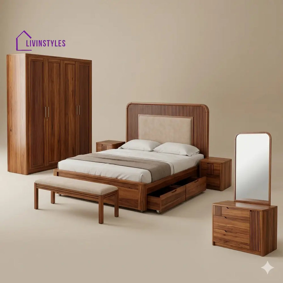 Sneha Solid Sheesham Wood Bedroom Set with Bed Bedside Tables Bench Wardrobe & Dresser