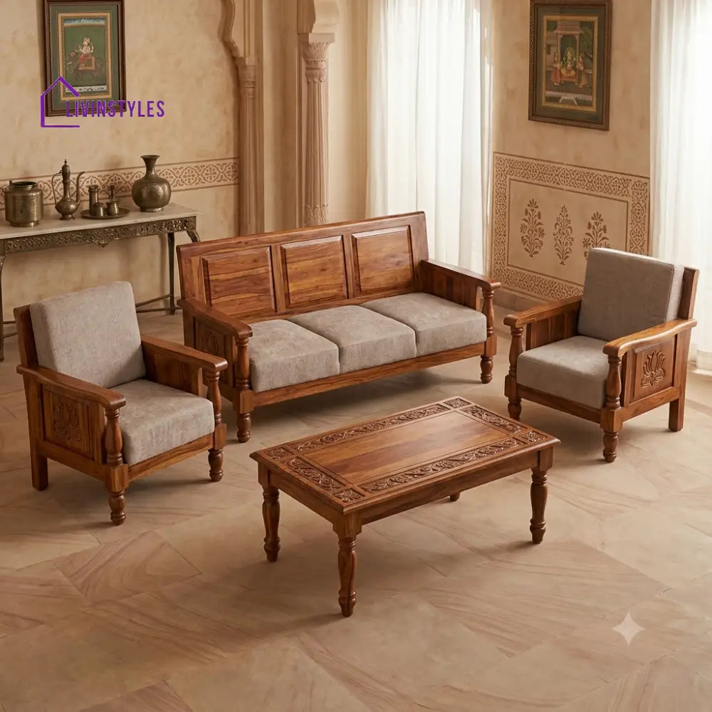 Sneha Wooden Sofa Set | 3 + 1 + 1 Sheesham Wood Sofa Set for Living Room