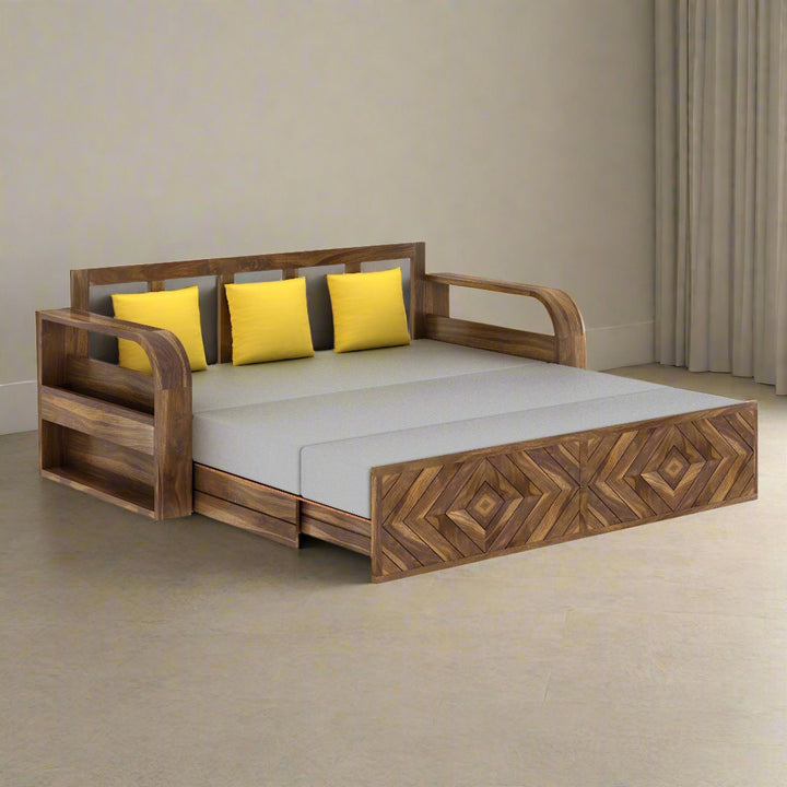 Demi Solid Sheesham Wood 3 Seater Sofa Cum Bed with Footboard Design