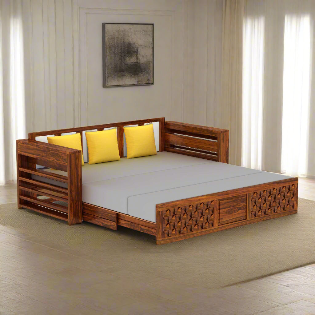 Callie Solid Sheesham Wood 3 Seater Sofa Cum Bed with Mini Storage and Side Pockets